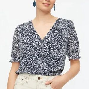 J.Crew‎ Ditzy Floral V-neck Button Down Puff Sleeve Blouse Top  Navy Blue Sz XL